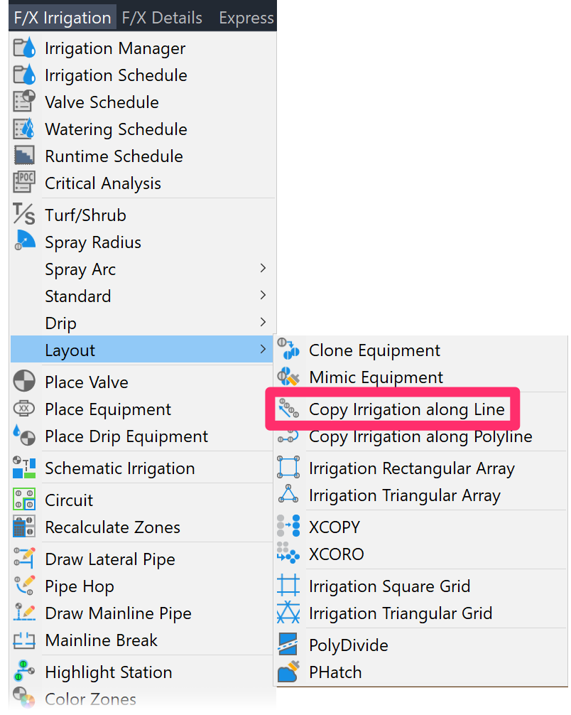 F/X Irrigation menu